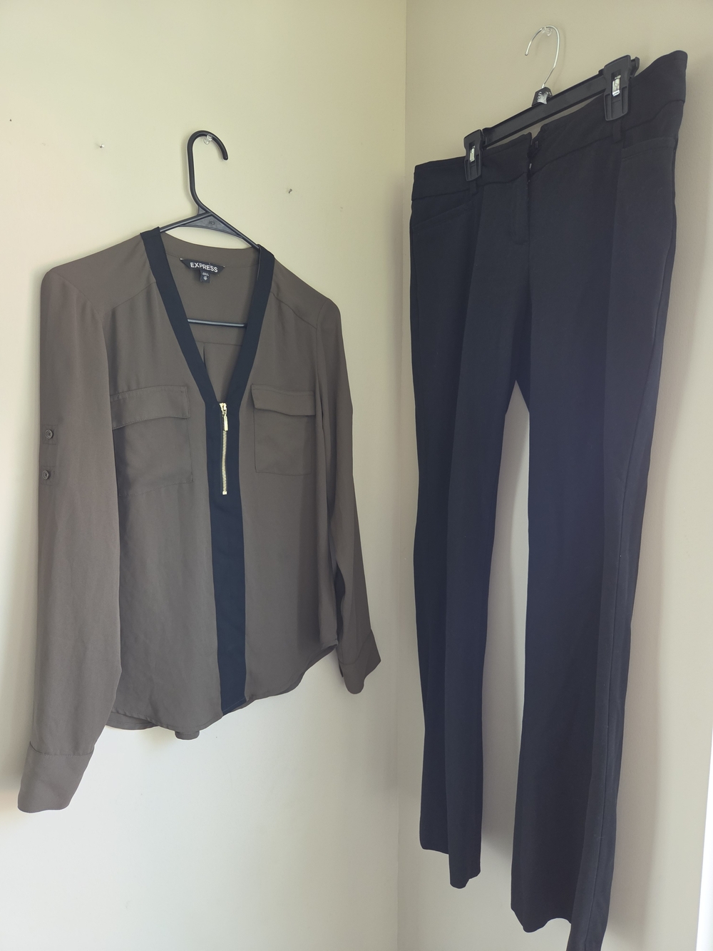 Express Olive Black Blouse with Black Dress Pants Crop Office Work Attire Comfy